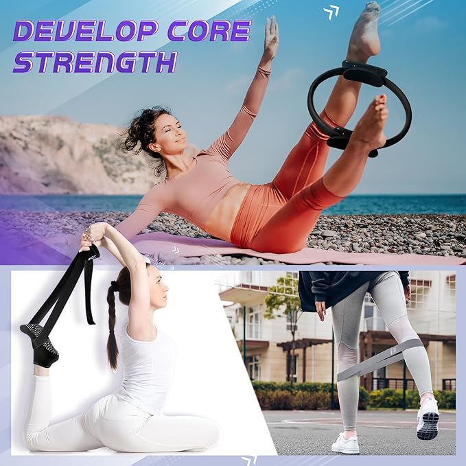 Poen 18 Pcs Home Pilates Ball and Ring Circle Set Yoga Fitness Essentials Kit with 5 Resistance Band Stretching Strap Non Slip Sock Ball Core Slider Wristband Headband Gym Bag for Women