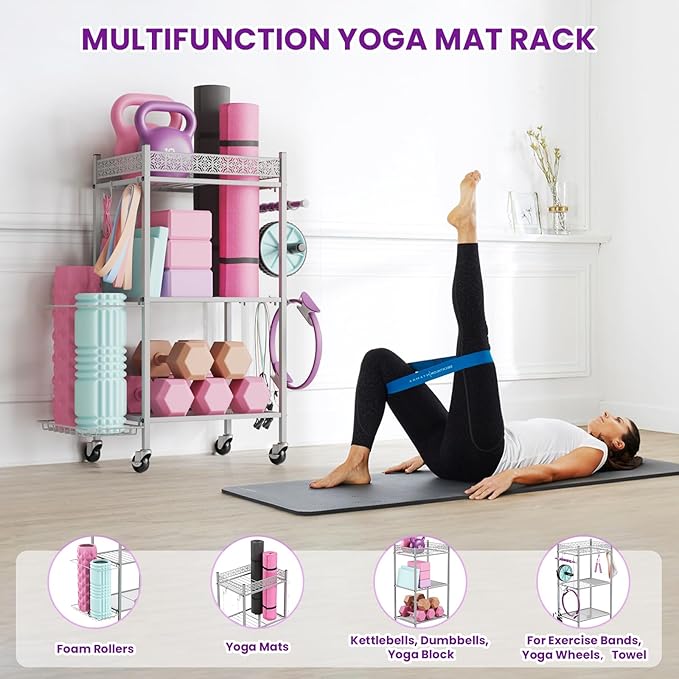 Yoga Mat Storage Rack, Home Gym Storage Rack, VOPEAK Workout Storage for Yoga Mat, Foam Roller, Gym Organizer Gym Equipment Storage for Home Exercise and Fitness Gear