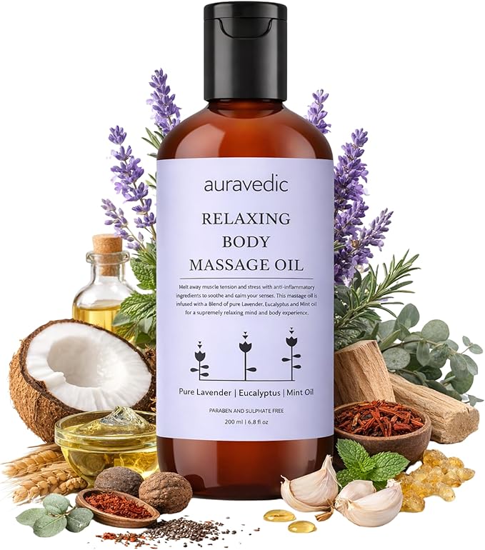 Auravedic Relaxing Body Massage Oil | Infused with Lavender, Eucalyptus & Mint | Non Greasy Body Oil for Massage Therapy, Aromatherapy, Sore Muscles & Date Night | 6.76 Fl Oz (200ml)
