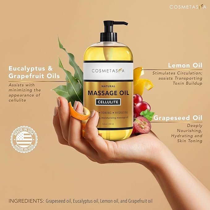 Cosmetasa Anti Cellulite Massage Oil Kit - Organic Arabica Coffee Face & Body Scrub, Exfoliating Gloves, Massager Mitt - Gift Set