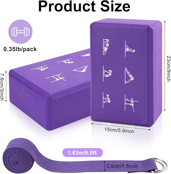 2 Yoga Block and 2 Yoga Strap Set,Non-slip EVA Foam Blocks, High Density Yoga Bricks with 6ft Strap, Supportive Latex-Free Yoga Block Accessories for Pilates