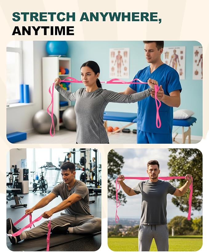 Trideer Stretching Strap for Physical Therapy & Home Rehab, Non-Elastic Yoga Stretch Strap with Loops for Mobility, Yoga & Pilates Stretching