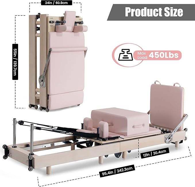 Pilates Reformer Machine, Premium Foldable Pilates Reformer, Durable and Quiet, Pilates Equipment for Home Workouts with Reformer Accessories and Reformer Pilates Box (Pink)