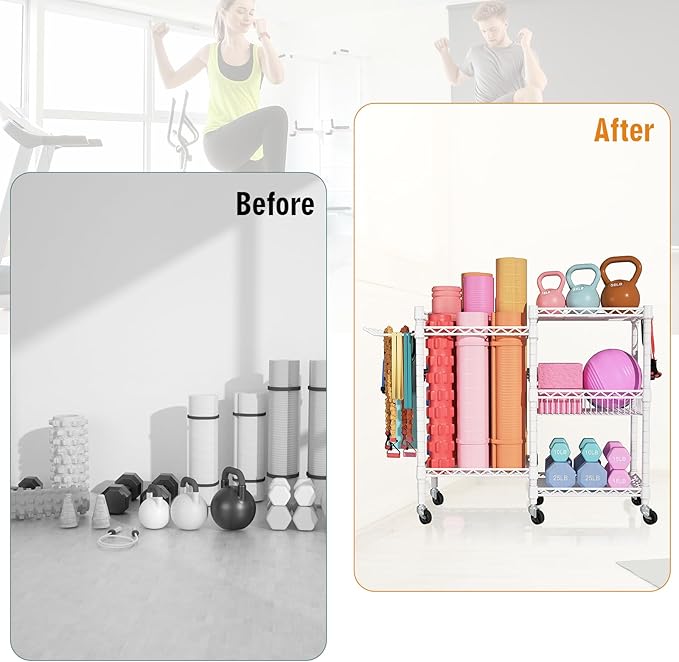 FUTASSI Home Gym Storage, 3 Tiers Workout Equipment Organizer with Wheels for Yoga Mats, Foam Roller, Dumbbells, Kettlebells, and Resistance Bands