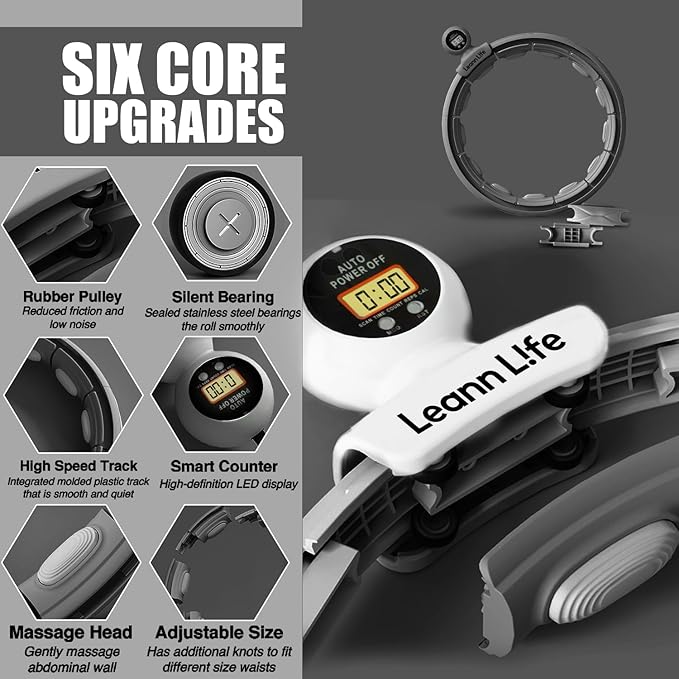 U5 Smart Weighted Hula Hoop with Counter & Waist Trimmer – 16 Knots, 28"–46" Adjustable Infinity Hoop Plus Size, Quiet Rubberized Wheels, Ab Workout Fitness, Weight Loss, Abdominal Toner