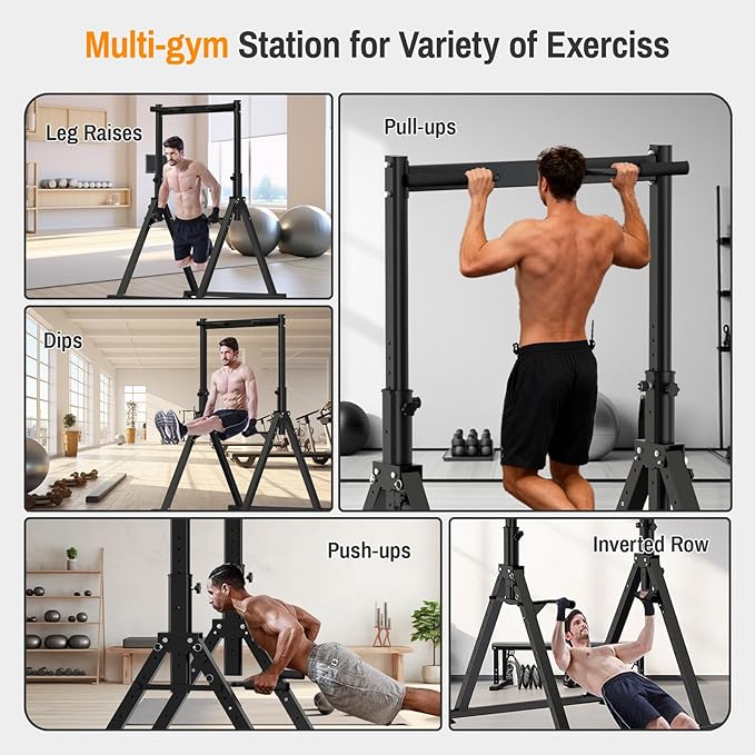 Foldable Power Tower Dip Station Pull Up Bar, Multifunction Triangular Structure Pull Up Station Home Gym Strength Training Workout Equipment