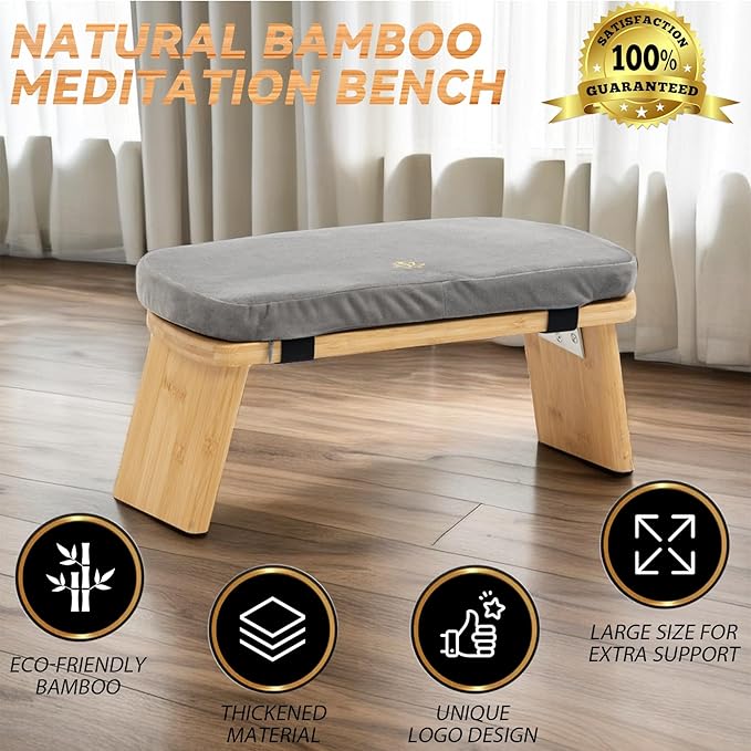 Meditation Bench, Bamboo Meditation Stool, Folding Kneeling Meditation Bench, Seiza Prayer Bench, Prayer Bench with Meditation Cushion, Kneeling Stool (Grey)