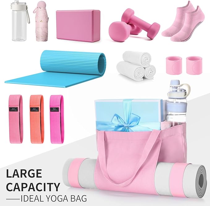 Yoga Bag Set for Women Including Yoga Mat Tote Bag, Booty Resistance Bands, Non Slip Sports Socks Silicone Ties for Pilates Travel Workout Office Home Gym