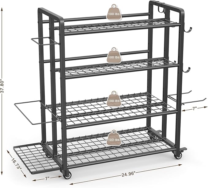 4-Tier Dumbbell Rack Stand Only, Adjustable Weight Rack for Dumbbells Kettlebells Yoga Mat, Home Gym Storage Rack with Wheels and Hooks, Powder Coated Finish
