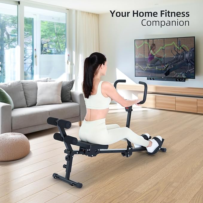 Sportneer Foldable Rowing Machine for Home, Hydraulic Rowing Machine with 12-Level Resistance - Multi Functional Row Machine Equipped with Caster & Backrest, Max 297lbs Weight Load