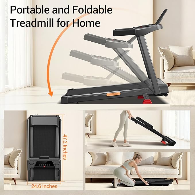 16% Incline Treadmill with Handle, 3-in-1 Portable Treadmills for Home and Office, Foldable Treadmills with 300 Lbs Weight Capacity, 3.0HP Quiet Walking Pad Treadmill, Three Screen