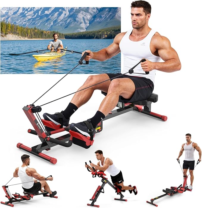 Ab Machine and Rowing Machine, 4 in 1 Rowing Machines for Home with 3 Levels of Workout Resistance, Quiet & Foldable Row Machine with 3 Adjustable Handle Heights & LCD Monitor, Rower Machine for Home