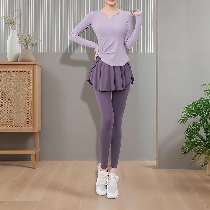 Women'S Black Two-Piece Pilates Set Xxl, Long Sleeve Top With Skirt And Leggings, Sweat-Wicking, Breathable, For 135-150 Lbs