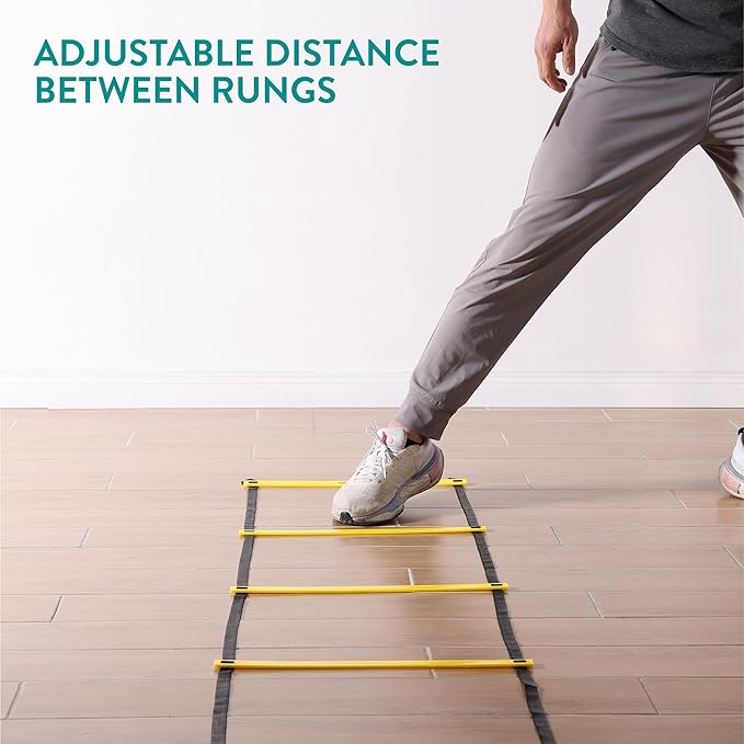 Navaris Agility Ladder Set with Hurdles - Complete Kit - 4 Adjustable Height Hurdles - Indoor or Outdoor Speed Agility Training - 10 Disc Cones - Yellow