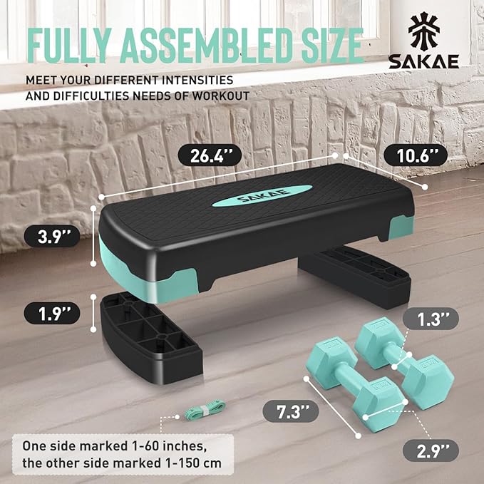 SAKAE Step Aerobics Platform Set with Dumbbells & Measuring Tape, Aerobic Steppers for Exercise at Home, Adjustable Height 2 Level Risers Workout Step Trainer with Non-Slip Surface, Multiple Colors