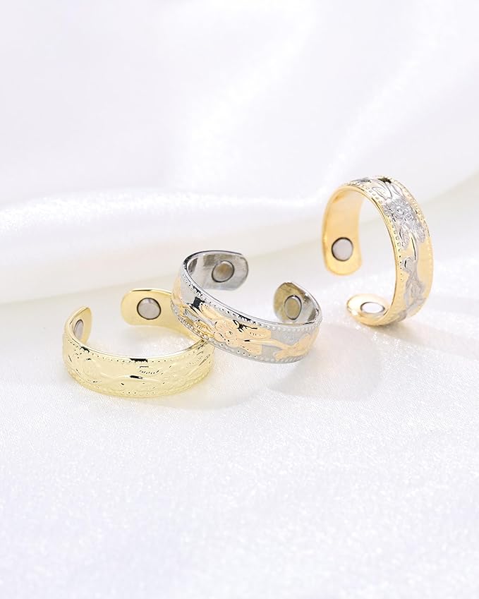 BioMag Magnetic Lymphatic Drainage Ring Set, 3 Pcs 99.99% Pure Copper Magnetic Rings for Women with 3500 Gauss Magnets, Adjustable Size, Floral Branch and Leaf Pattern