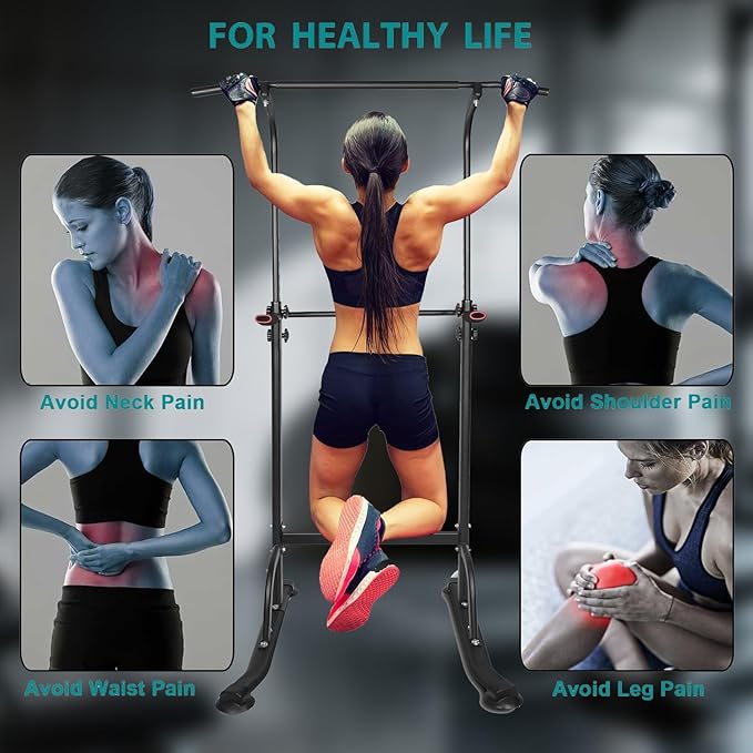 Adjustable Power Tower Pull Up Bar Dip Station, Free Standing Pull Up Rack Dip Station for Home Gym, 400LBS Capacity Height Heavy Duty Multi-Function Home Strength Training Fitness Workout Equipment