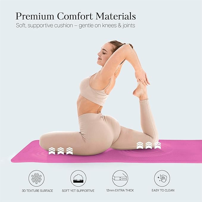 Extra Thick 12mm Exercise Mat – Non-Slip, Joint-Friendly & Cushioned Fitness Mat for Yoga, Pilates & Floor Workouts – Durable, Supportive & Includes Feetlu Classic Strap