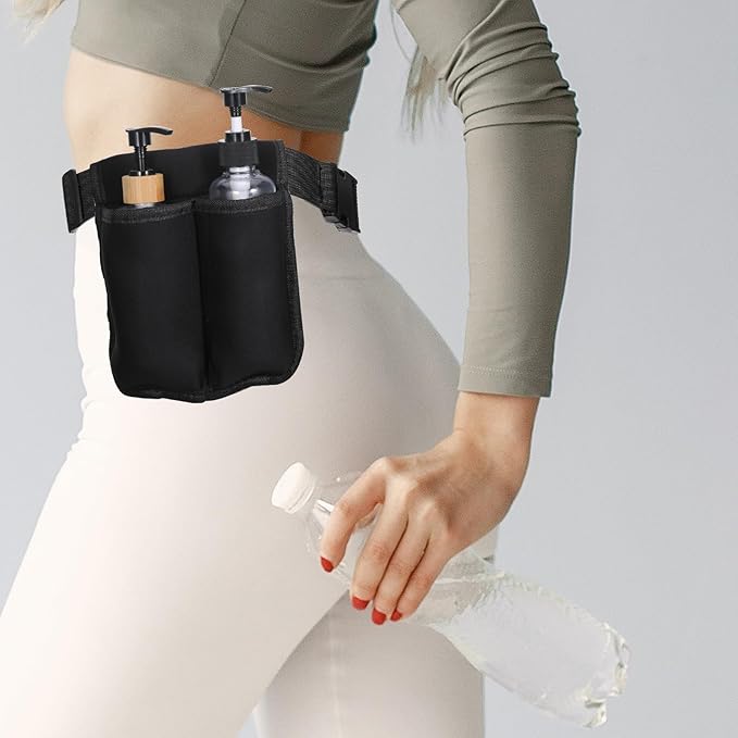 Massage Bottle Bag, Lotion Oil Waist Holder Organizer Adjustable Durable Black Portable Storage Pouch Belt Hanging Easy Access Accessories Gifts (Double-Sided)