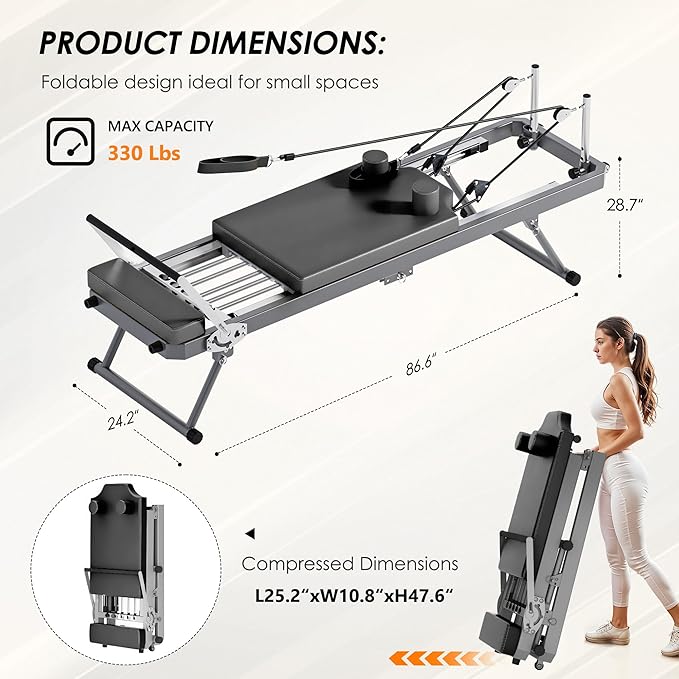 SogesHome Foldable Pilates Reformer Machine for Home Gym, Compact Fitness Reformer with Resistance Springs, Full Body Workout Equipment for Core Strength, Flexibility, Weight Loss, Stability