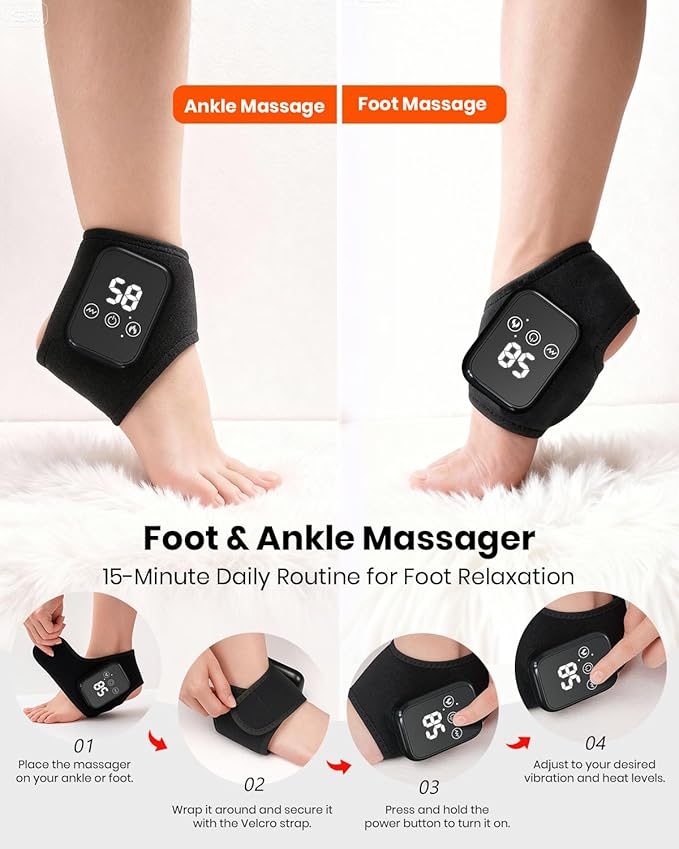 Foot Renew Massager for Neuropathy, 3-in-1 Cordless & Portable Foot and Ankle Massager for Heel, Arch & Ankle Relief, 3-Level Vibration & Heat, Ideal Gift, Includes Extension Strap (Black)