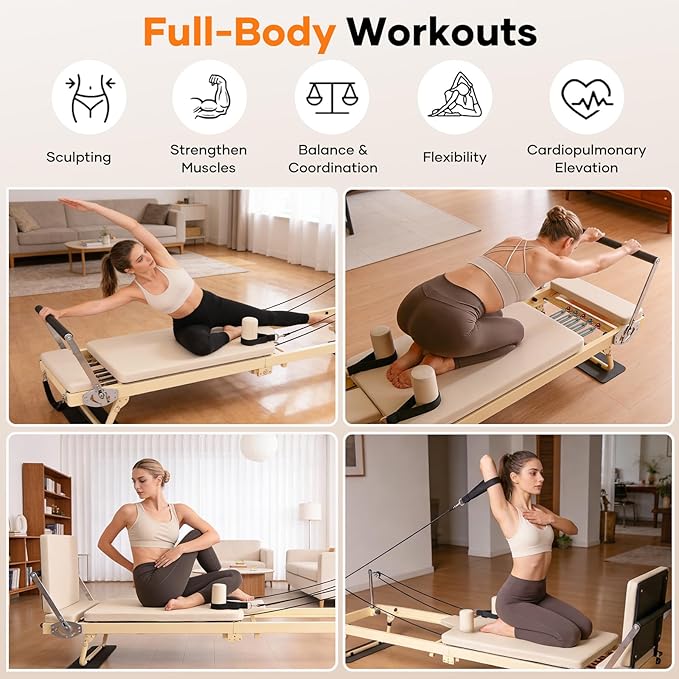 92" 3RD Gen Extended Pilates Reformer, Foldable Pilates Machine with Yoga Ring & Headrest, Jumpboard, Dual Resistance Springs, Pilates Equipment for Home Workout, up to 500 lbs
