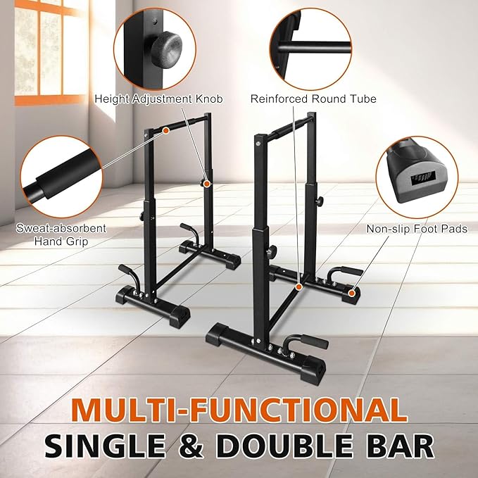 Adjustable Dip Station - 1200 Lbs Capacity Multi-Functional Workout Bar with 6 Height Levels (36.6"-46") for Home Gym Fitness Training, Pull Ups, Dips & Bodyweight Exercises, Black