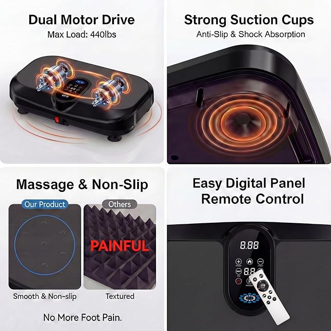 Vibration Plate Exercise Machine for Lymphatic Drainage & Weight Loss, Heated Vibrating Platform Full Body Workout Equipment, 440lb Capacity Home Gym Shaker Board with Bluetooth & Resistance Bands