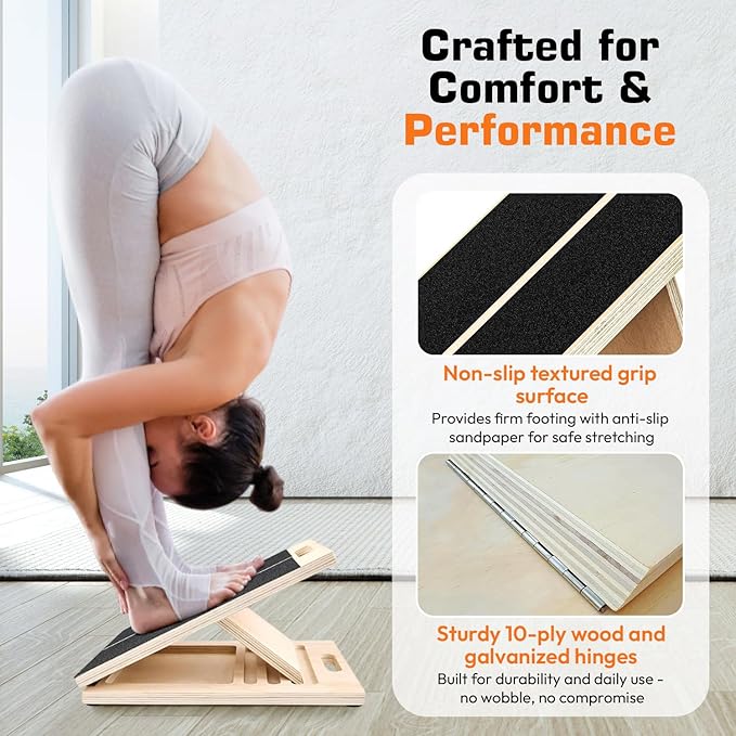 Adjustable Wooden Slant Board for Calf Stretching – Incline Wedge for Ankle,Heel,Knee & Leg Pain Relief – Squat Equipment for Physical Therapy & Home Gym-2 Extra Sand Papers,Carry Bag & Mini Loop Band