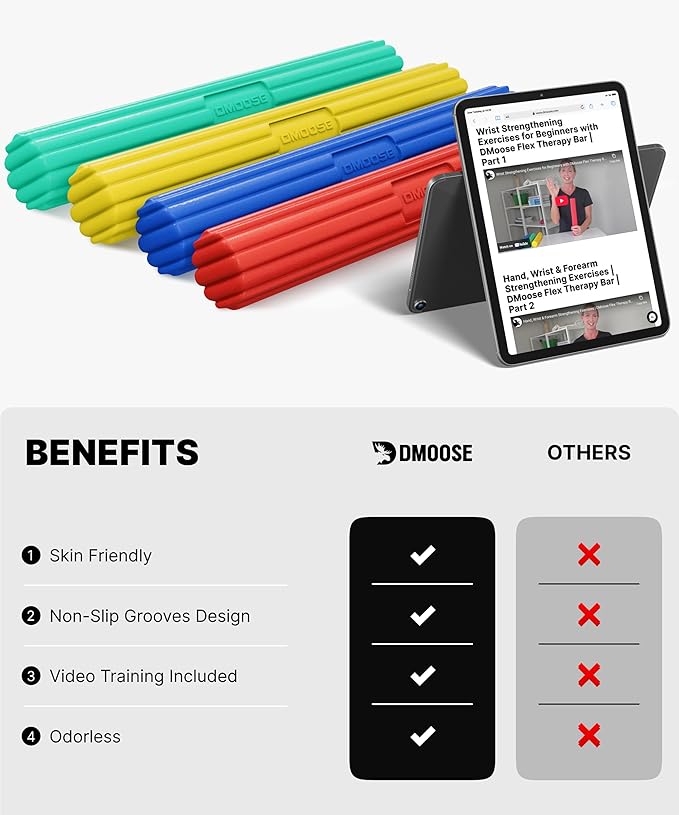 DMoose Fitness Flex Resistance Bar for Physical Therapy - Non-Slip Odorless Material, Exercise Bar for Tennis & Golfers Elbow Tendonitis Relief - Wrist and Forearm Strengthener & Grip Strength Trainer