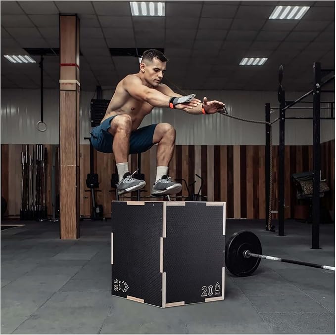 Plyometric Jump Box 3-in-1, 20/18/16 Inch Wooden Plyo Box for Fitness, Agility Training, Step Up Platform - Home Gym Equipment, Black