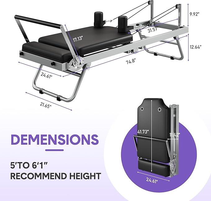 Collapsible Pilates Reformer for Home Gym – Adjustable Machine with 5 Metal Springs – High Strength Cords – Wide Platform – Supports up to 450 lbs – Portable Pilates Equipment for Women & Beginners