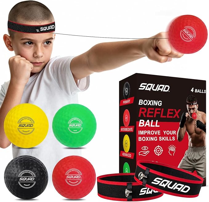 SQUAD Boxing Reflex Ball Set - 4-Level Reaction Balls + Adjustable Headband - Train Speed, Timing & Hand-Eye Coordination - Safe Fun for Kids & Adults - Boxing/MMA/Krav MAGA Home Workout Gift