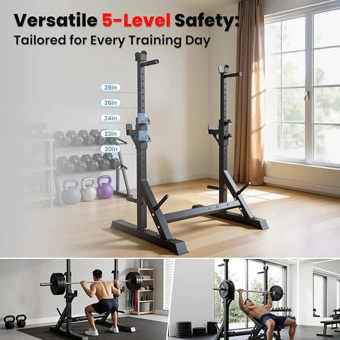 Adjustable Bench Press Rack Stand, 700lbs Heavy Duty Barbell Rack with Dip Station and Push Up Handles, Width Adjustable for 6ft 7ft 8ft Bars - Home Gym Strength Training Infrastructure