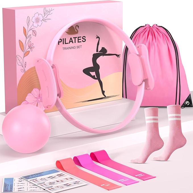 Pilates Ring Gift Set 15" Anti-Deformation Premium Magic Circle, 3 Resistance Bands, Yoga Ball & Anti-Slip Socks | Elegant Home Workout Kit for Women | Birthday/Anniversary Present