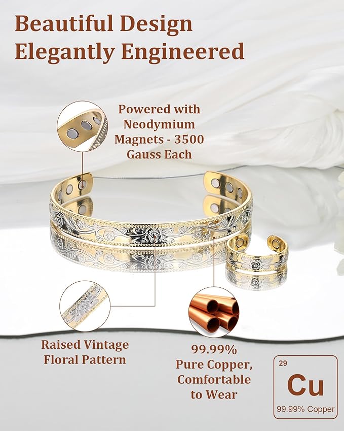 BioMag Copper Bracelet & Ring for Women, 99.99% Pure Copper Magnetic Bracelet Lymphatic Drainage Rings with 3500 Gauss Magnets, Adjustable & Flower Pattern (Gold Base with Silver)