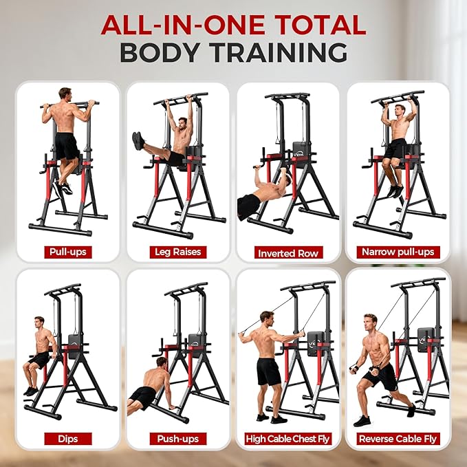 Power Tower Pull Up Bar Free Standing, 13-Level Adjustable Height Dip Station with X-Frame Stability, Multi-Grip Handles, Backrest, Anti-Slip Foot Pads, Home Gym Strength Training Equipment 400LBS