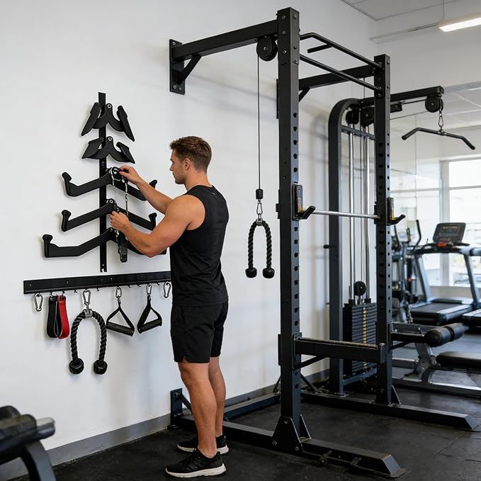 Pull Down Rack - Stainless Steel 96cm Wall Mounted | 5-Piece Gym Fitness Equipment Organizer | Lat Bar Cable Attachment Storage Holder | Home Garage Workout Strength Training Organization