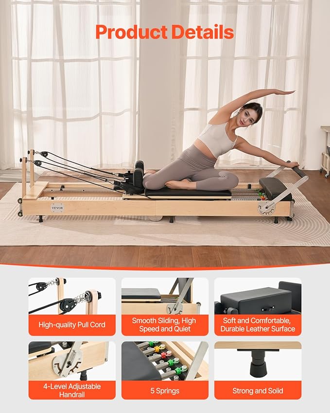 VEVOR Pilates Reformer Machine, Pilates Workout Equipment for Home Gym Studio Use, Pilates Reformer with Sitting Box and Jumpboard，fit for Beginners & Advanced Users