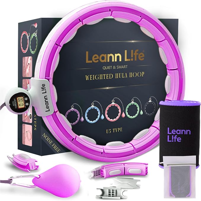 U5 Smart Weighted Hula Hoop with Counter & Waist Trimmer – 16 Knots, 28"–46" Adjustable Infinity Hoop Plus Size, Quiet Rubberized Wheels, Ab Workout Fitness, Weight Loss, Abdominal Toner