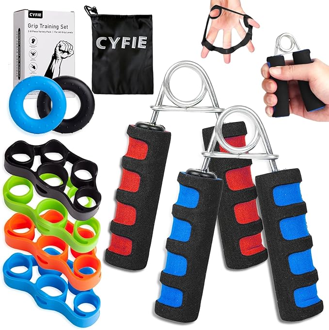 CYFIE Grip Strength Trainer Kit 8 Pack, 2pcs Foam Hand Grip Strengthener, 4pcs Finger Exerciser & 2pcs Grip Rings, Portable Forearm Workout Equipment for Workout Recovery, Office Workers, Musicians & Stress Relief