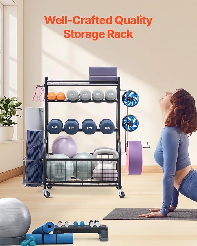VEVOR Yoga Mat Storage Rack, Home Gym Workout Equipment Organizer, Powder Coated Finish Steel Yoga Mat Holder with Hooks & Wheels, Weight Rack for Dumbbell, Kettlebell, Foam Roller, and Yoga Strap