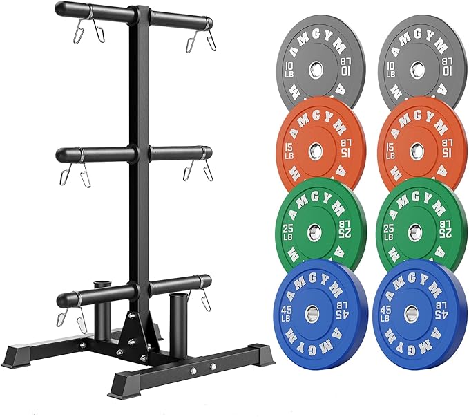 Weight Plate Tree Rack & Weight Set, Strength Training Plate Storage Stand and Barbell Holders for Home Gym, 1100 lb Weight Capacity, Fits Both 1" and 2" Bumper Plates