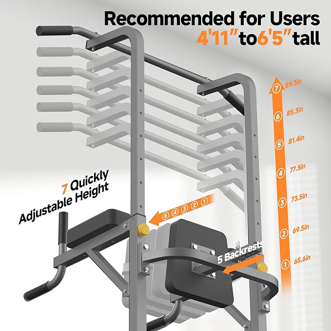 Power Tower Pull Up Station for Home Gym, Dip Station with Splayed H-Shaped Base, 440LBS Capacity, Adjustable Height Workout Station for Pull-ups, Dips & Leg Raises