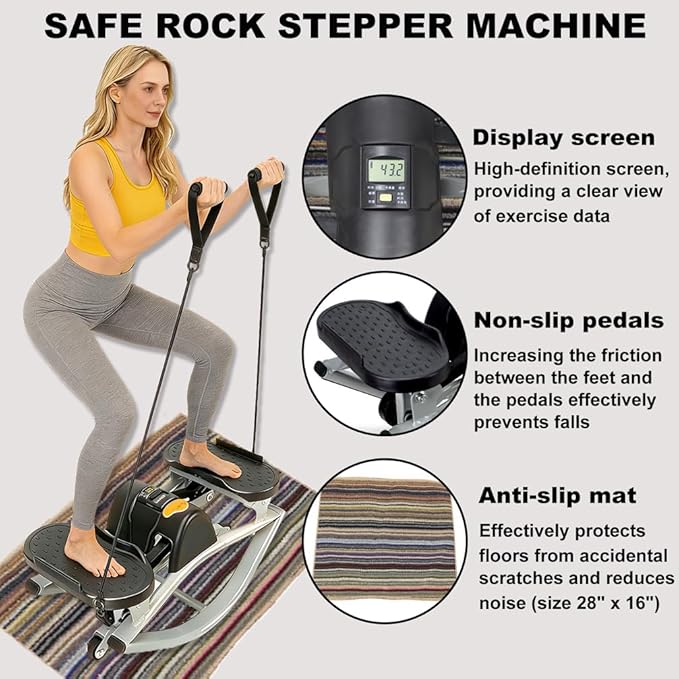 U-Shaped Rock Stepper Machine for Home Workout,Side-to-Side Lateral Rocking Fitness Stepper with Digital Monitor/Resistance Bands,Low-Impact Compact Side Stepper for Full Body Fitness
