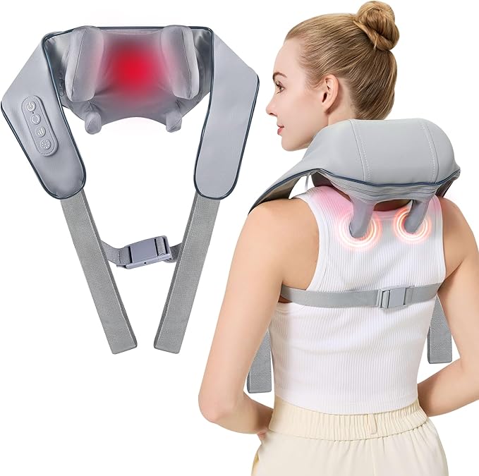 4D Wireless Deep Tissue Kneading Neck Massager,Shiatsu and Shoulder Massage Pillow,Massager with Heat,Back and Leg Pain Relief, Body Muscle Pain Relief, Perfect Gifts for Men Women. (Grey)