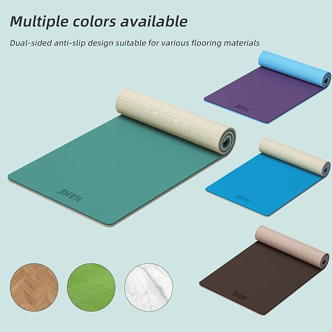 HAHE Yoga Mat Thick, 72"x32"x0.4"Th (10mm), Wide Non-Slip Exercise Mat with Carry Strap, Double-Sided POE Fitness Mat for Yoga, Pilates & Floor Workouts
