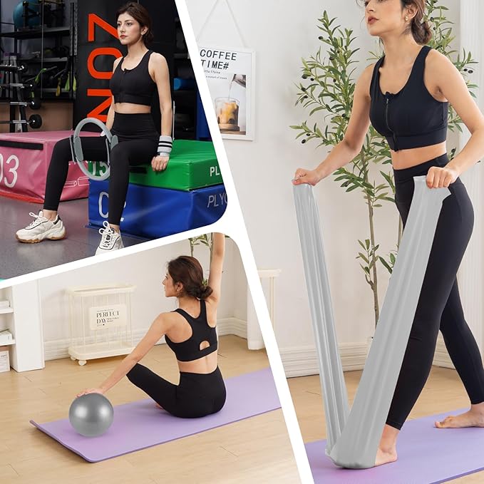 Tsikavo Pilates Ring, Pilates Ring Circle and Ball Set, 12 Inch Magic Circle Pilates Ring,9 Inch Small Exercise Ball,Resistance Bands Set, Home Pilates Equipment for Women