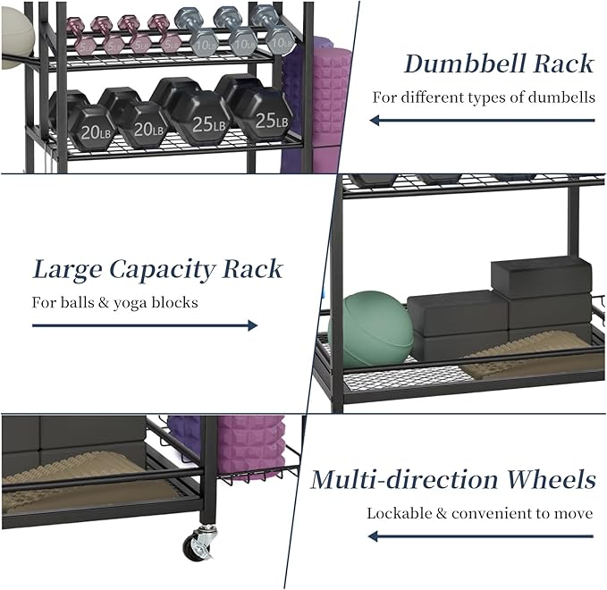3-Tier Rolling Dumbbell Rack with Yoga Mat Basket & Hooks – Heavy Duty Steel Home Gym Storage Cart for Weights, Kettlebells, and Foam Rollers – 350Lbs Capacity Mobile Organizer with Lockable Wheels (Black)