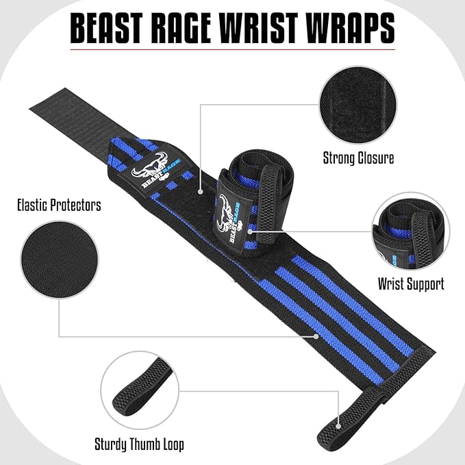 BEAST RAGE Wrist Wraps for Weightlifting - Adjustable Lifting Straps With Thumb Loop for Enhanced Gym Support, Powerlifting, Bodybuilding and Workout